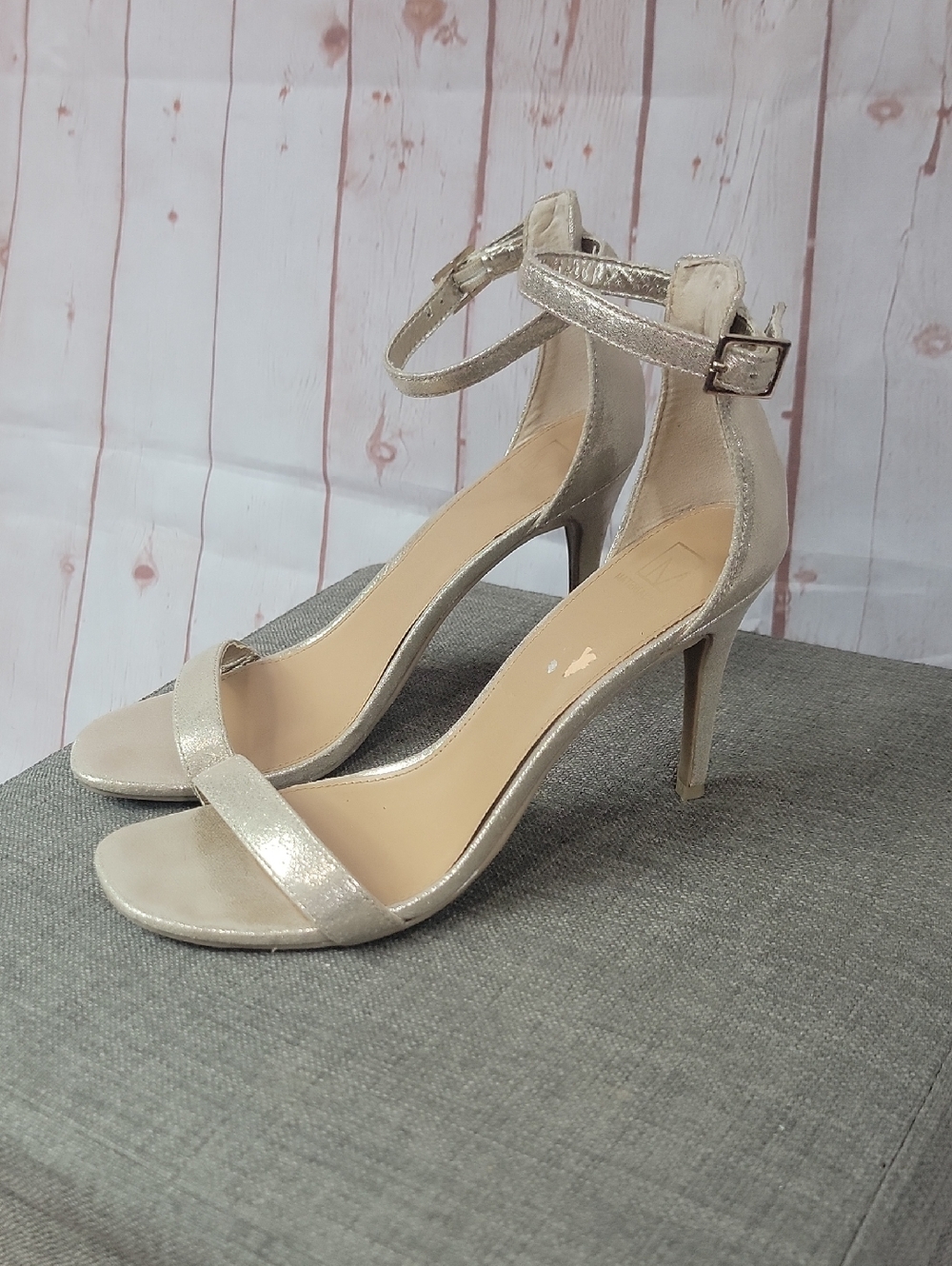 Material Girl Metallic Champagne Ankle-Strap Heels